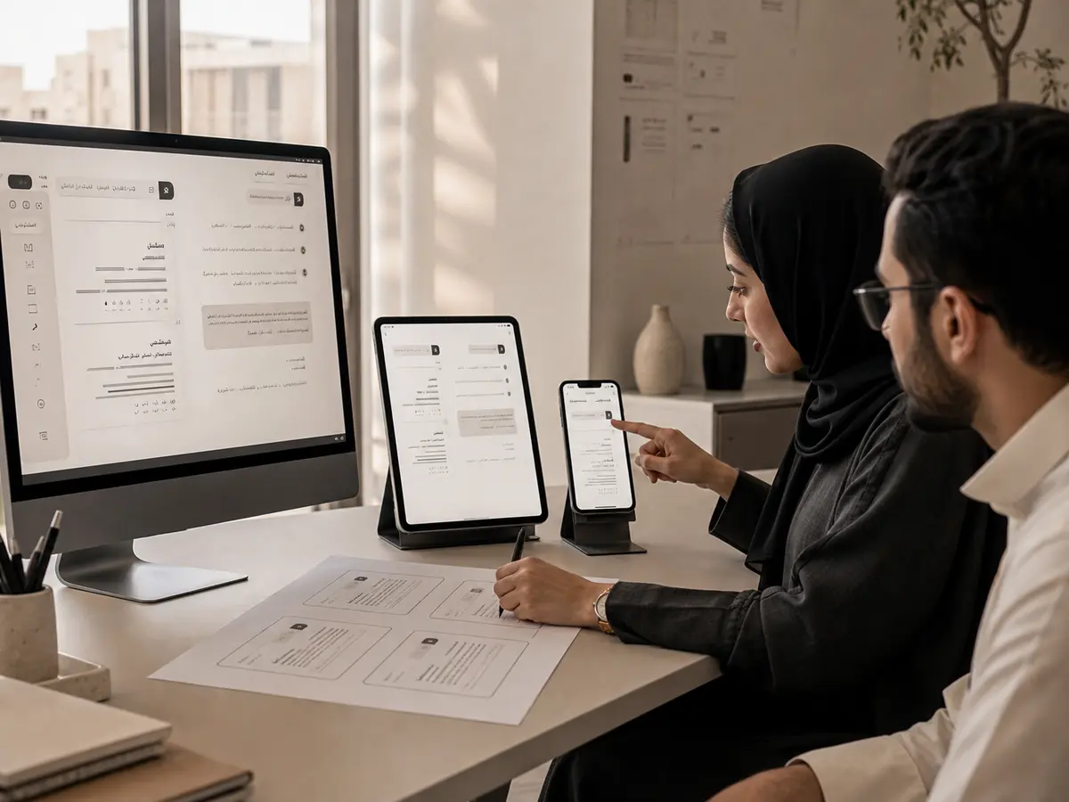 مهندسة جودة سعودية تختبر واجهة عربية من اليمين إلى اليسار على شاشة وجهاز لوحي وهاتف.