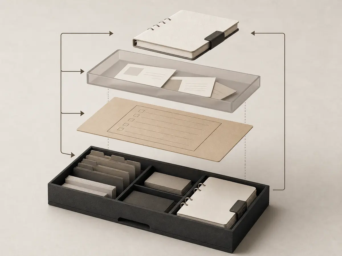 أربع طبقات مادية مرتبة تمثل سياق المؤسسة والمشروع والمهمة واللحظة الحالية.