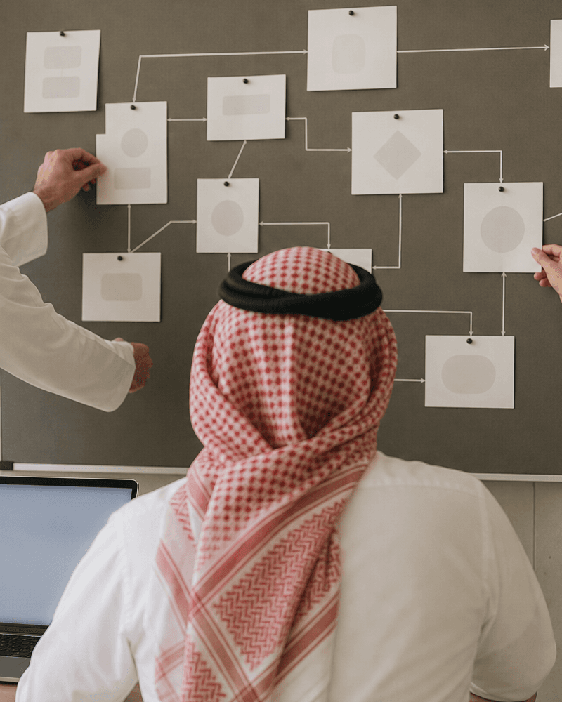 مشاركون من الخلف يرسمون مسار عمل على لوحة في مشهد توضيحي